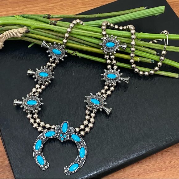 Vintage Faux Turquoise Silver-tone Ball Chain Squash Blossom Necklace 147.7g - Picture 7 of 14